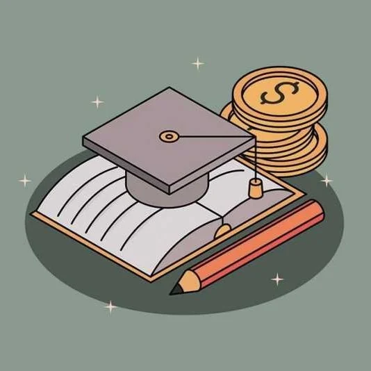 An open book with a graduation cap on top, a pencil beside it, and a stack of coins with a dollar sign in the background, representing education and financial success.