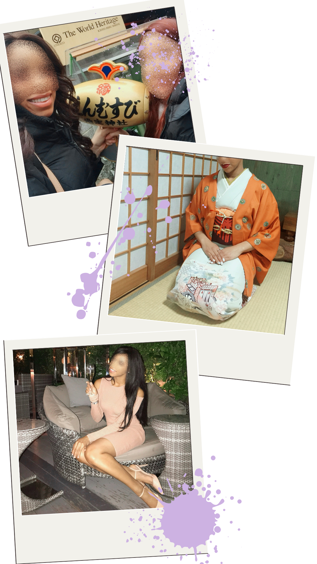 Collage of three photos featuring women: first photo shows two women with faces pixelated, one holding a large lantern with Japanese writing; second photo shows a woman kneeling in a traditional Japanese kimono inside a room with shoji screens; third photo shows a woman sitting outdoors on a wicker chair, holding a glass of champagne, smiling.