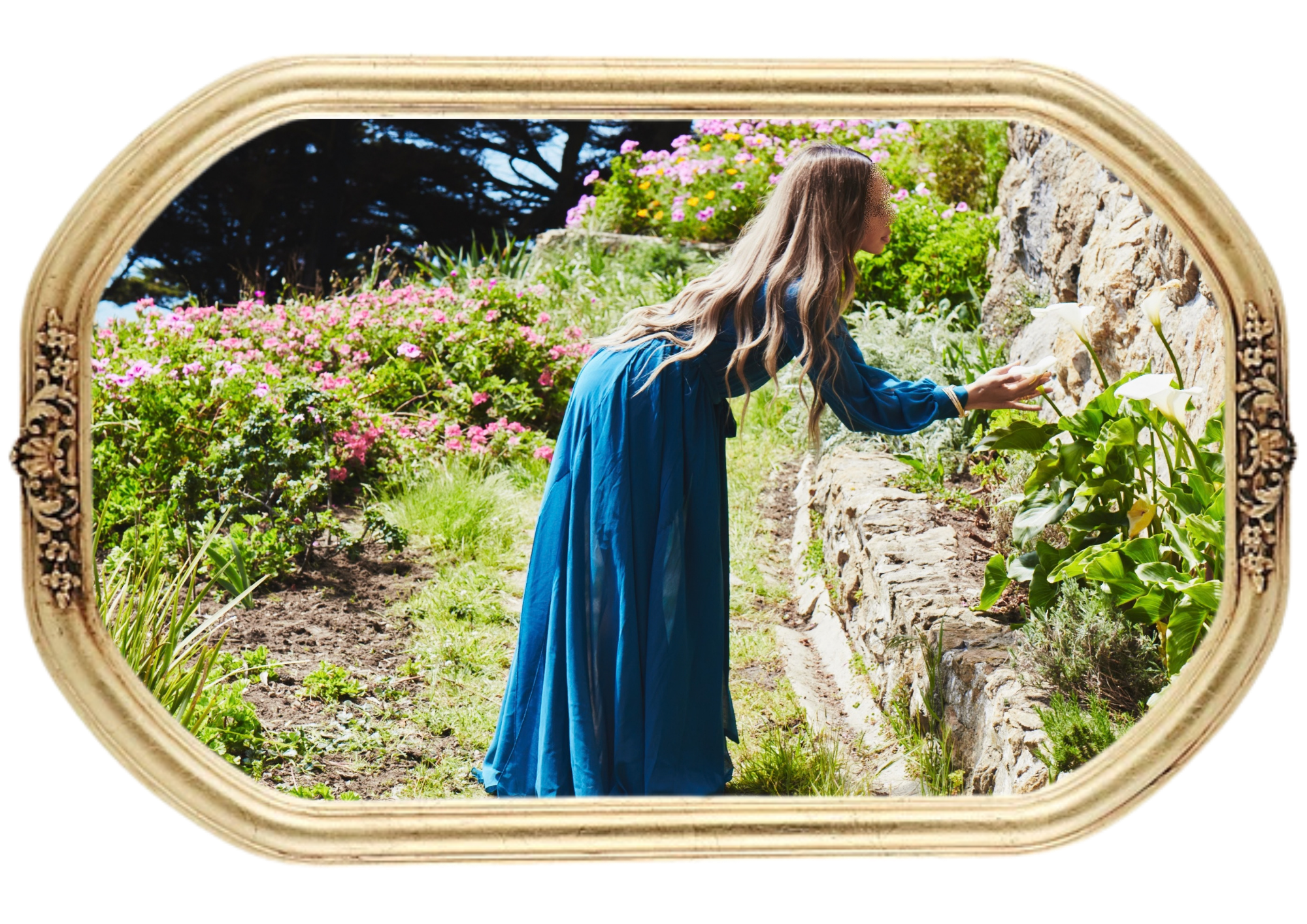 Woman in a blue dress reaching toward white calla lilies in a flower garden, pictured through an ornate vintage frame