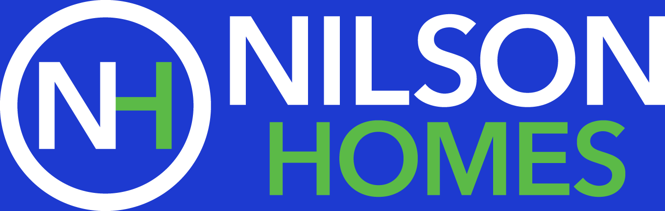 Logo for Nilson Homes with a blue background, featuring a circular emblem with the letter N in white, a green H, and the words 'NILSON HOMES' in white and green.