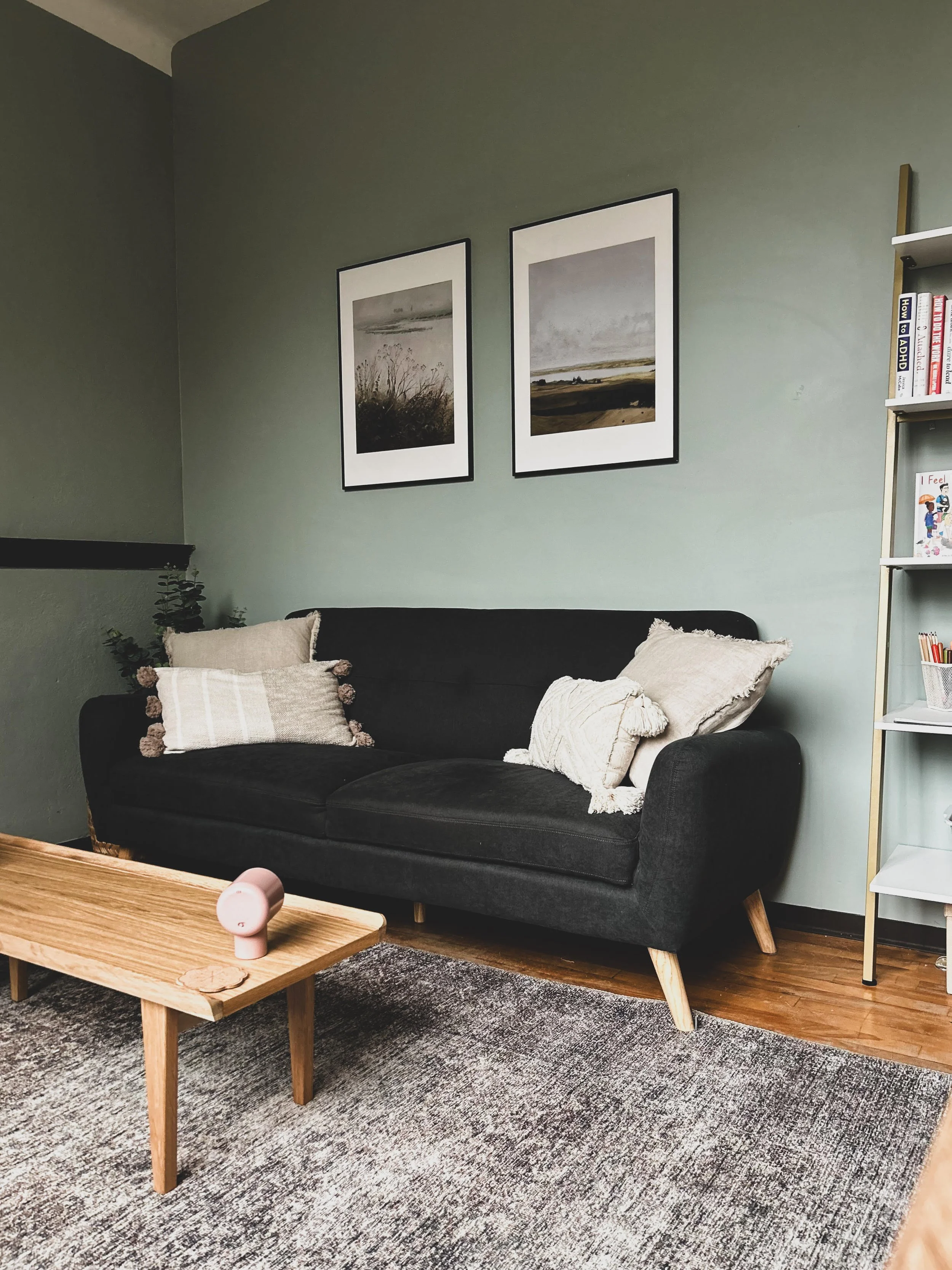 Living room with a black sofa, decorative pillows, a wooden coffee table with a pink lamp and coaster, a textured area rug, and framed landscape photographs on a green wall.