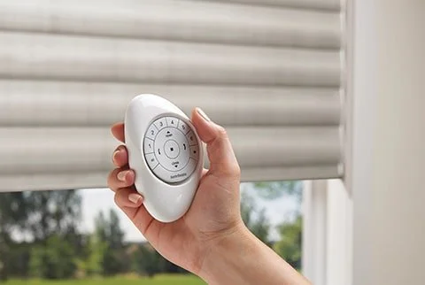 Hand holding a remote control in front of window blinds with a view of trees outside.