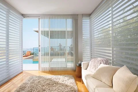 Custom window treatments with layered sheer shades and vertical panels, designed to control light and privacy as part of full-service interior design in Southwest Michigan.