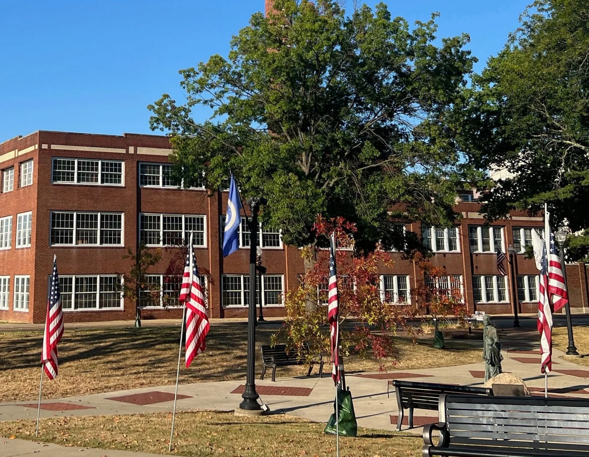 The American flag in front of the Hoover Building in North Canton, Ohio
