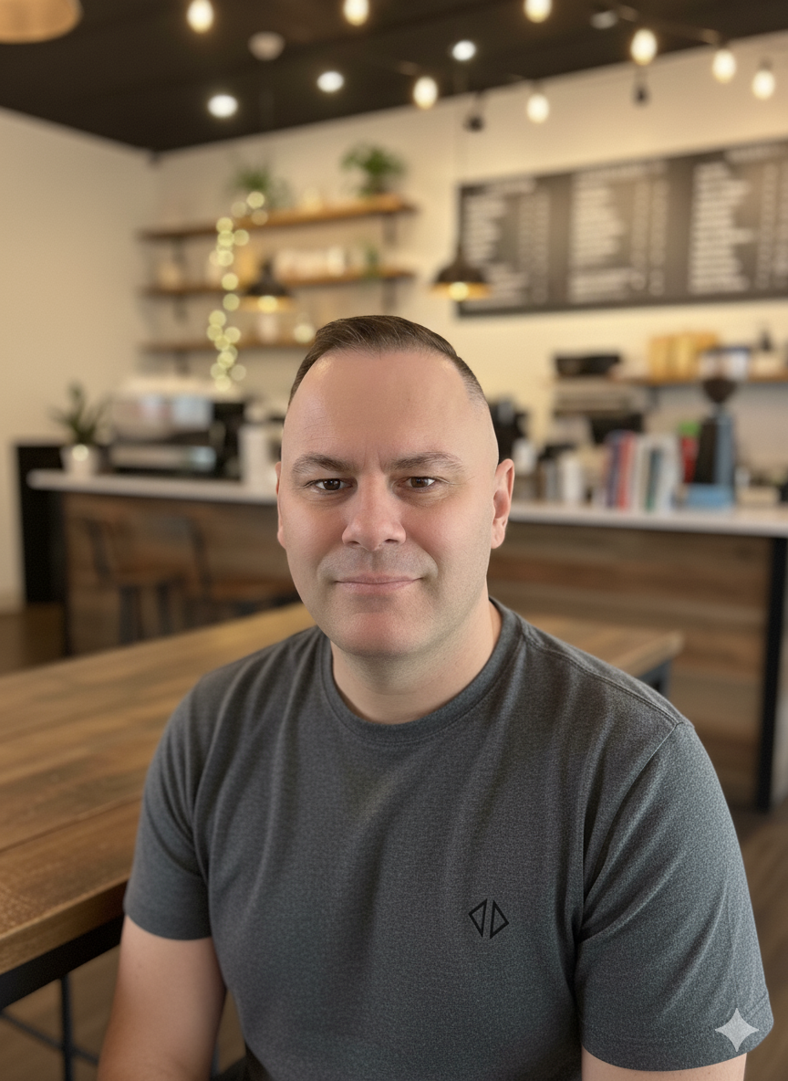 A man with short dark hair and a gray t-shirt sitting in a coffee shop or cafe, with a blurred background of shelves, a menu board, and string lights.