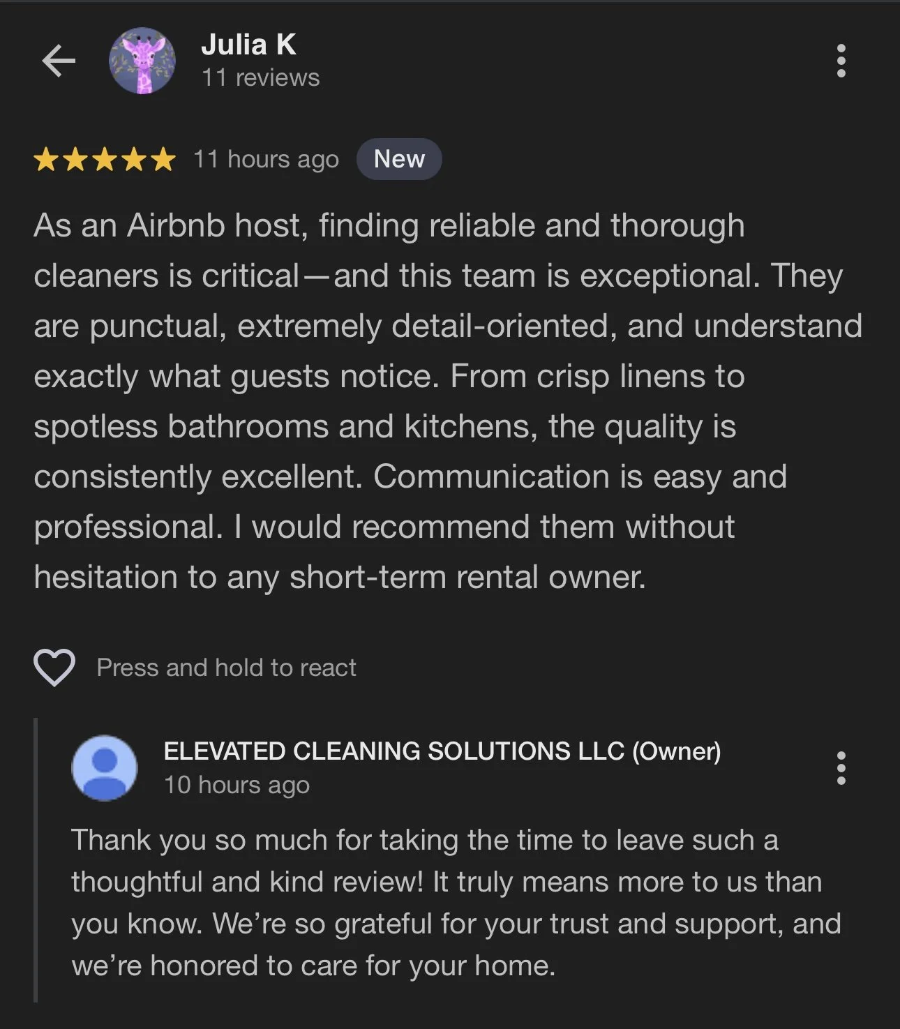 Screenshot of a Google review conversation between Julia K and ELEVATED CLEANING SOLUTIONS LLC, praising the cleaning team's professionalism, attention to detail, and quality of service.