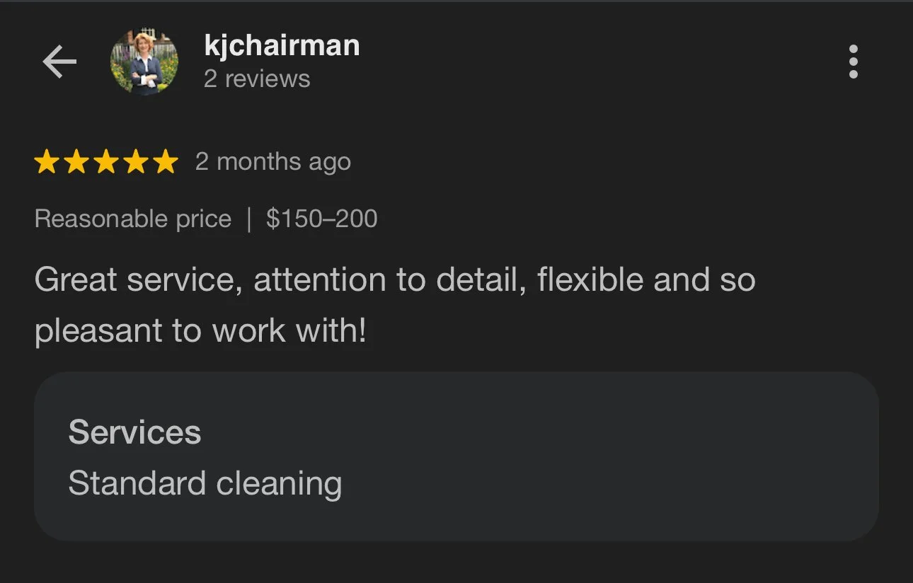 Screenshot of a Google review for a cleaning service by kjchairman, showing a five-star rating, review comments, and service details.