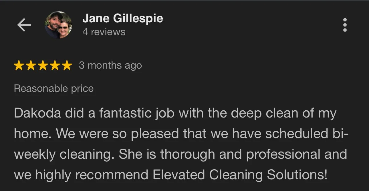 Screenshot of a Google review for a cleaning service, with a profile picture of a couple, showing a 5-star rating, and positive feedback about the cleaning service.