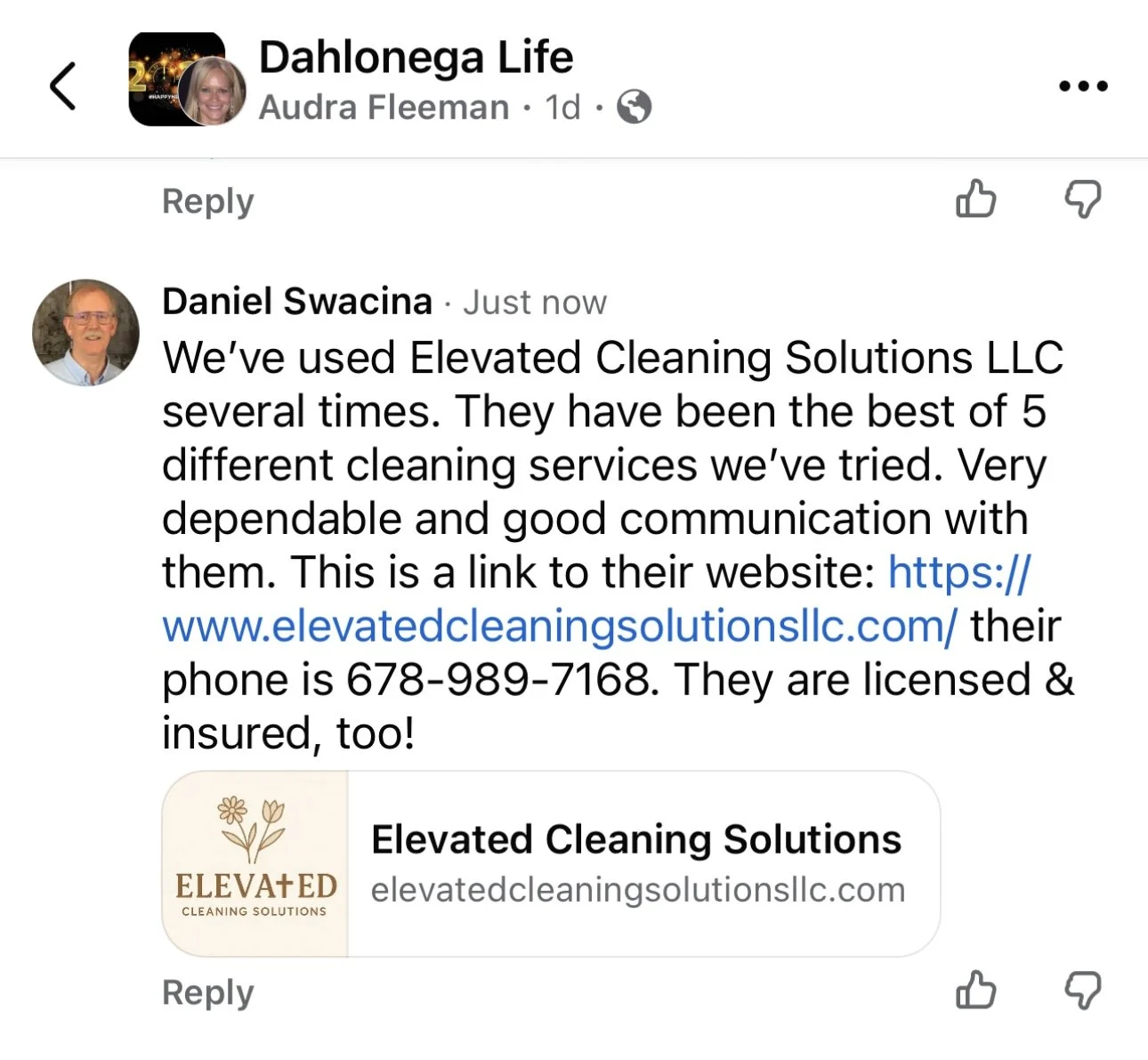 A Facebook post with a review about Elevated Cleaning Solutions LLC featuring their logo, business website, and phone number.