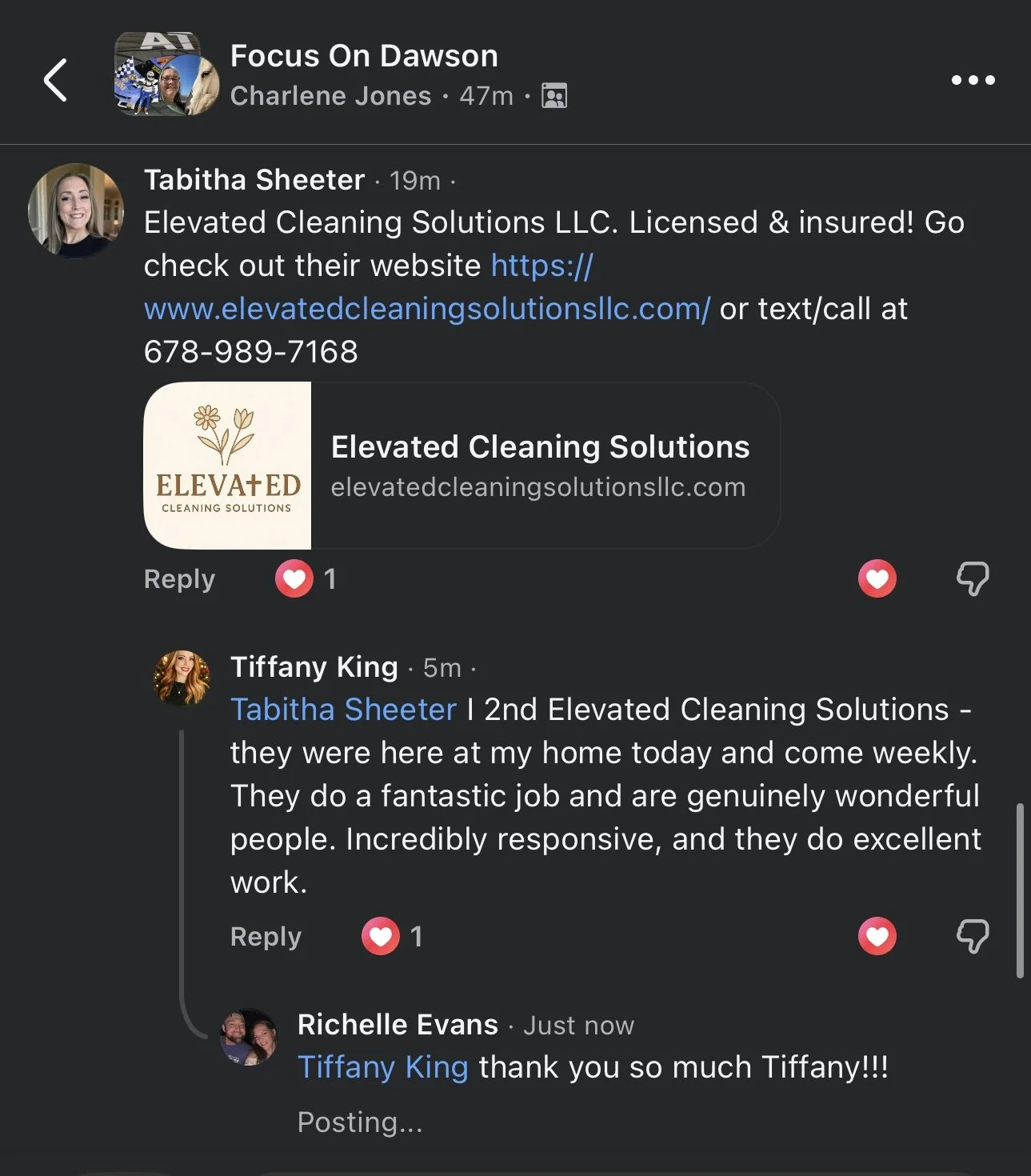 Facebook comment thread discussing Elevated Cleaning Solutions LLC, including a logo with flowers and the company name, and positive customer reviews.