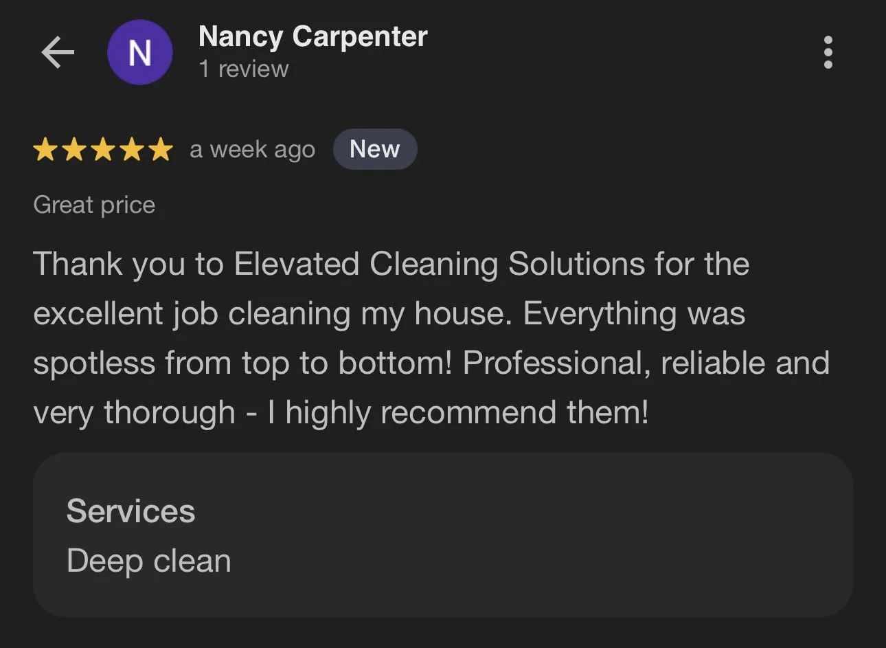 Screenshot of a customer review for Elevated Cleaning Solutions, praising their cleaning service with five stars, mentioning the house was spotless from top to bottom, and recommending the company for thorough cleaning services.