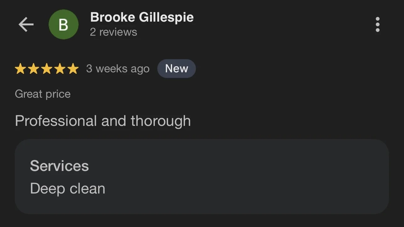 Screenshot of a Google review for Brooke Gillespie, showing a 5-star rating, dated three weeks ago, with a review stating 'Great price,' describing her as professional and thorough, mentioning her deep cleaning services.