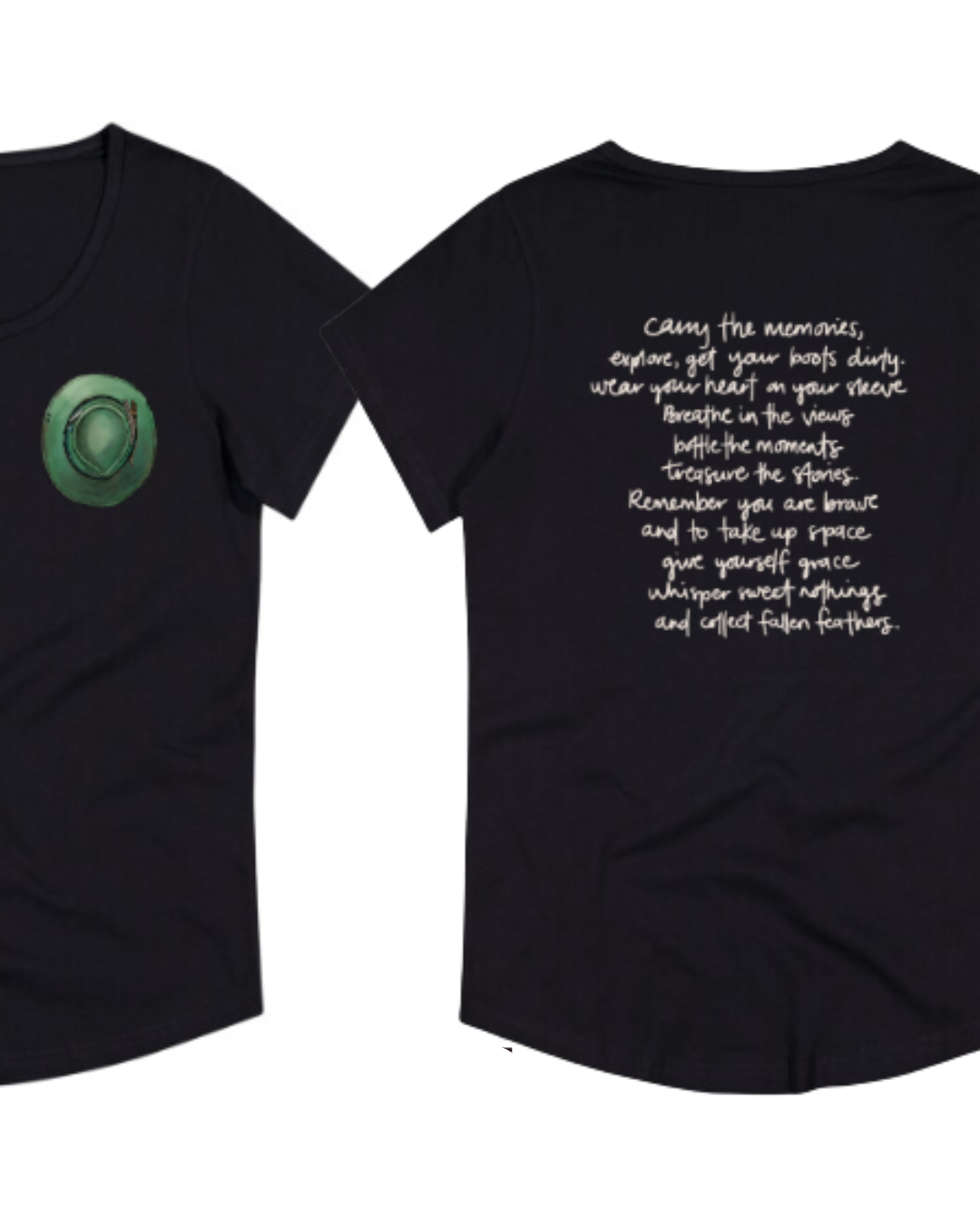 Black T-shirt with a green western hat graphic on the front and handwritten-style text on the back.