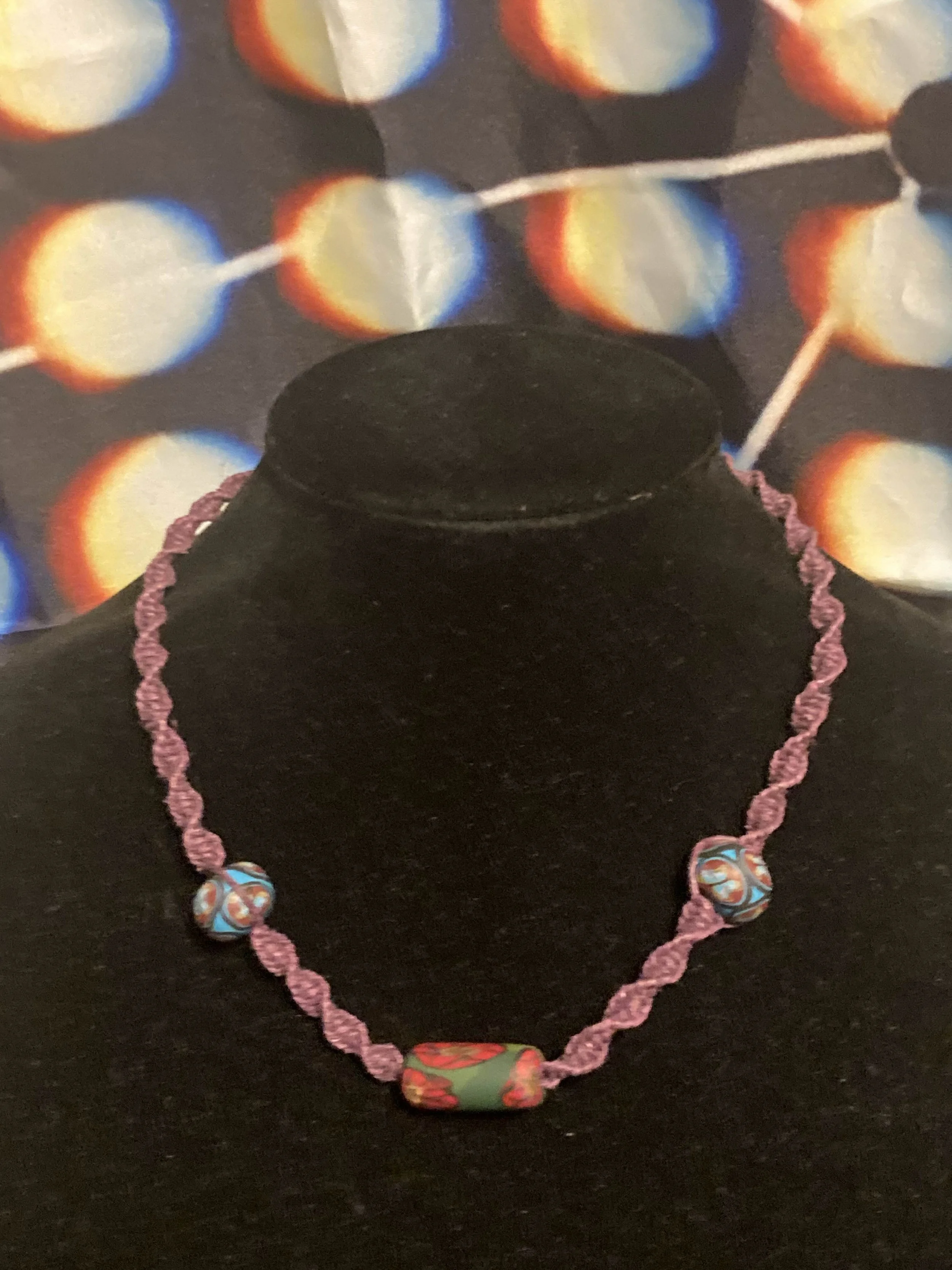 Pink Necklace w/blue & floral beads - 9 inch