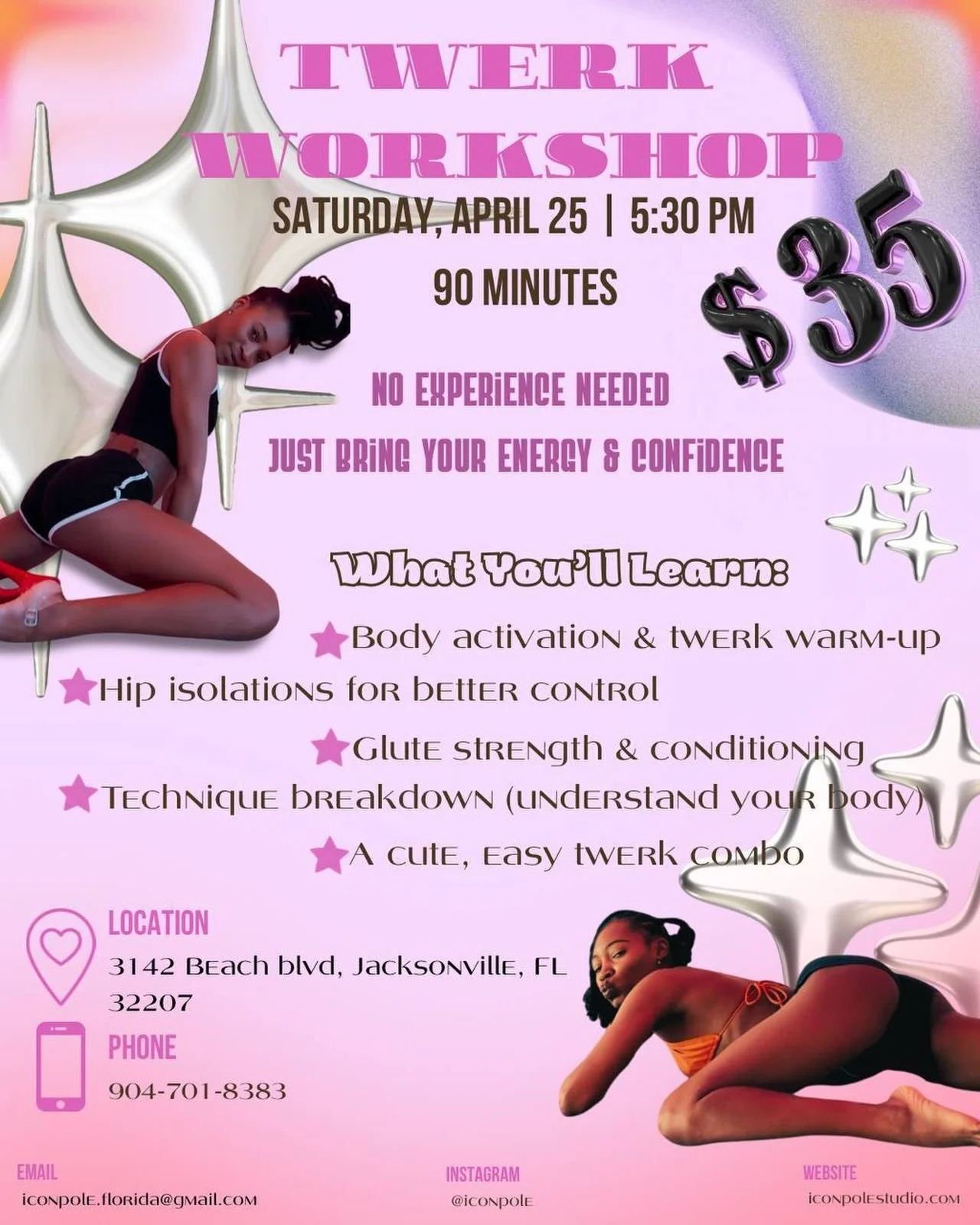 💃 TWERK IT OUT, ICONS! 💃

Saturday, April 25 | 5:30 PM | 90 min | $35

Ready to move with confidence, control, and intention? Join our beginner-friendly Twerk Workshop and learn how to really connect with your body 💕

✨ What you&rsquo;ll learn:
&b