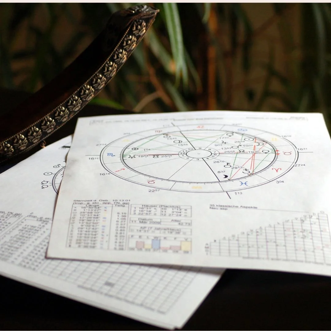 Astrological charts or natal birth charts with detailed planetary positions and astrological data on printed papers, placed outdoors with greenery in the background.