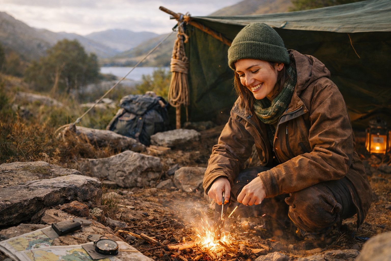 Lisa from Scotland sitting by a campfire at a rugged campsite, smiling in outdoor gear.