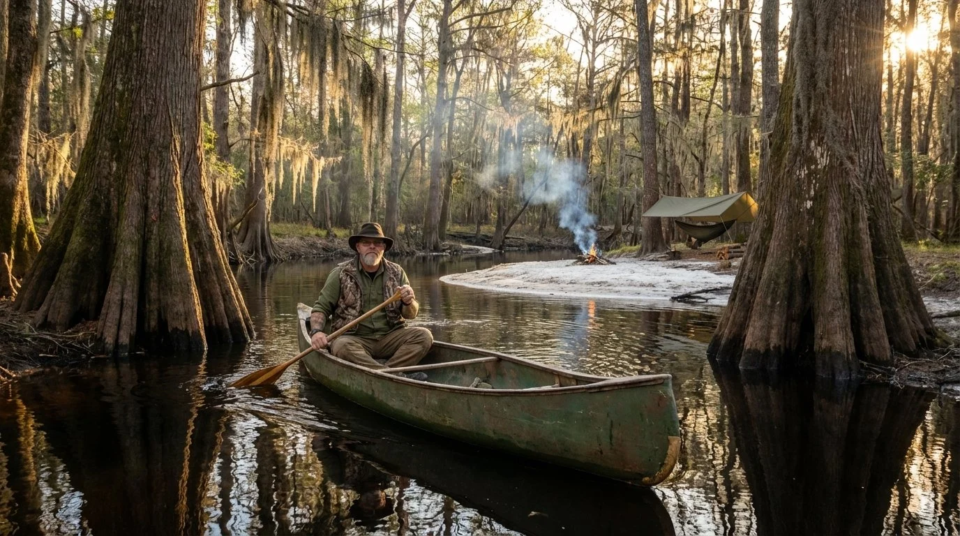 Canoe at a blackwater river camp in a cypress swamp with a small fire and shelter set up on the bank.