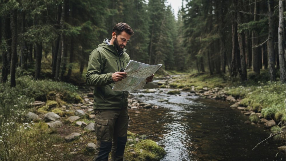 Outdoorsman checking a topo map on a forest road, planning navigation and route decisions before the next mile.