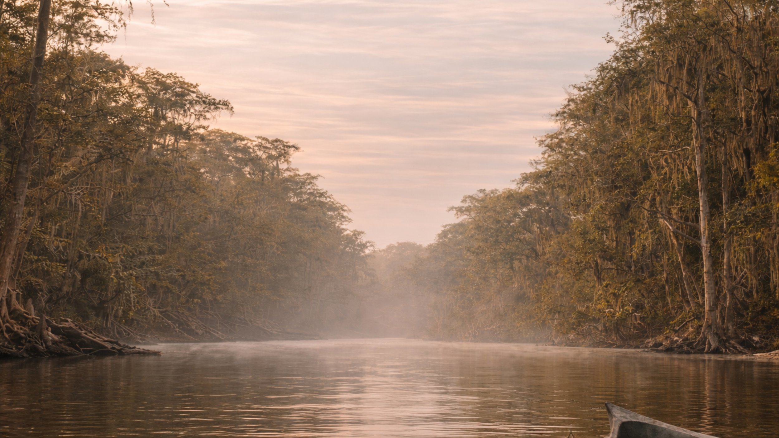Calm blackwater river with cypress trees and canoe, representing outdoor wilderness camp skills and navigation training