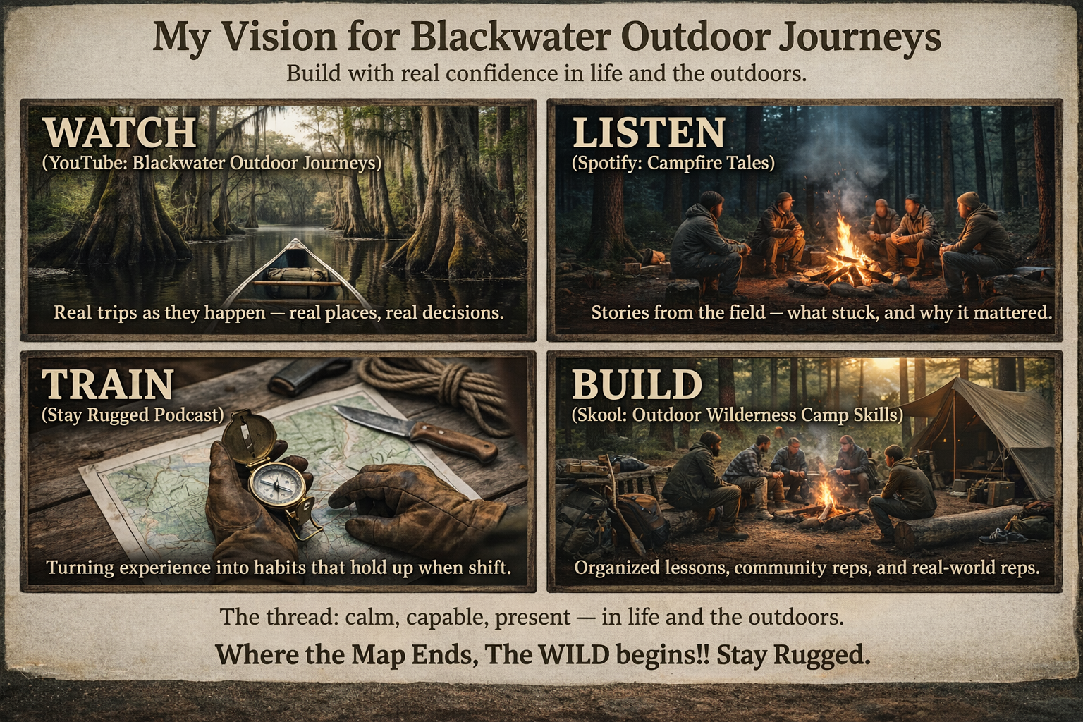 “Blackwater Outdoors hub graphic showing four paths: Watch (YouTube Blackwater Outdoor Journeys), Listen (Spotify Campfire Tales), Train (Stay Rugged Podcast), and Build (Outdoor Wilderness Camp Skills on Skool).”