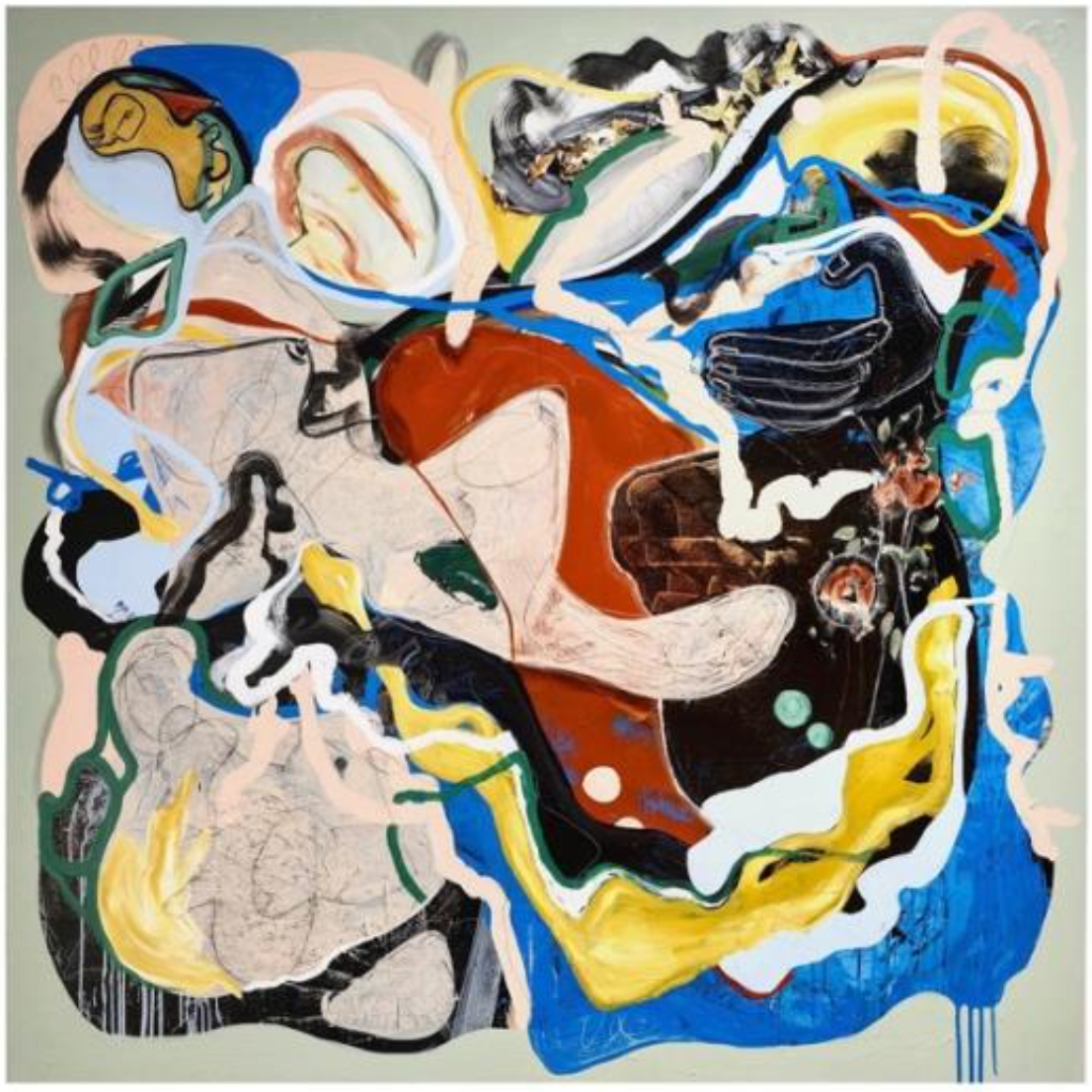 "Never Ending Game" / Oil pastel, acrylic, charcoal, and ballpoint pen on canvas / 
152.4 × 152.4 cm (60 × 60 in) / Felipe Echeverry, 2019 