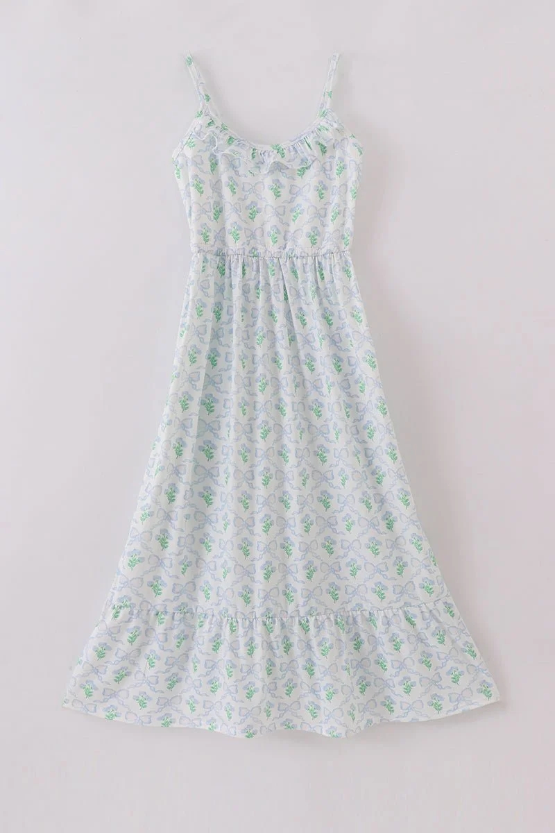 Green Leaves Bow Print Dress