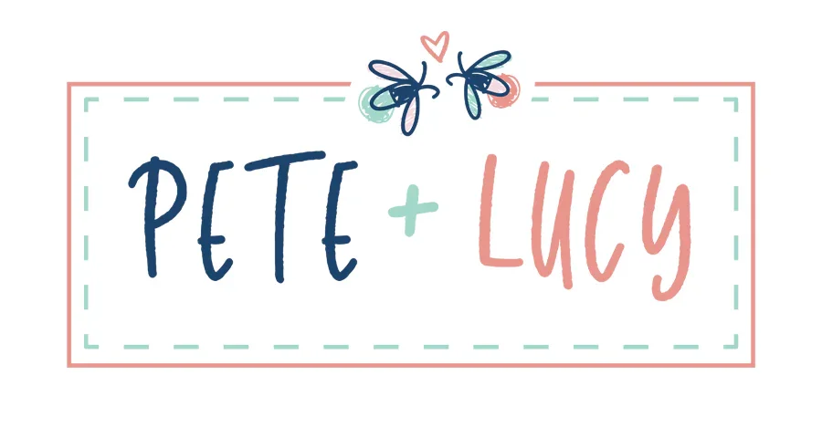 Design with the names 'Pete' and 'Lucy' separated by a plus sign, enclosed within a dashed rectangular border. The design features doodles of butterflies and a small heart at the top center.