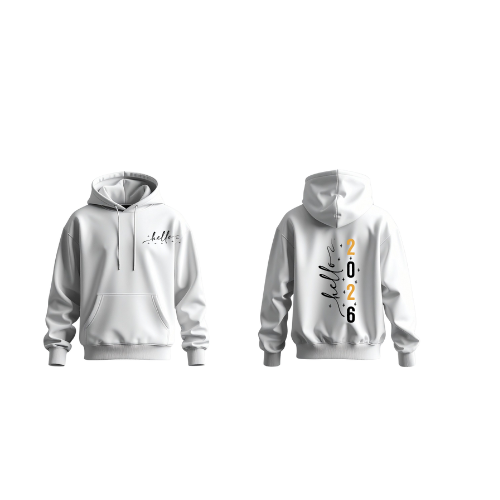 Hello 2026 White Hoodie with Gold Accent