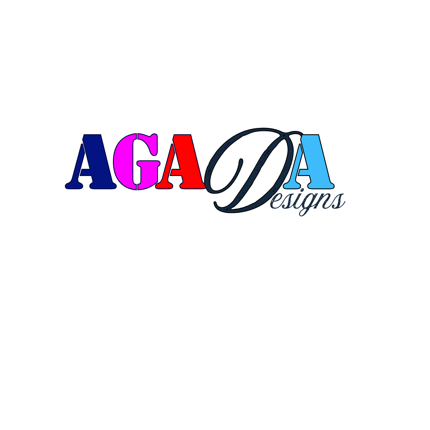Logo for AGADA Designs with stylized, colorful text on a white background.