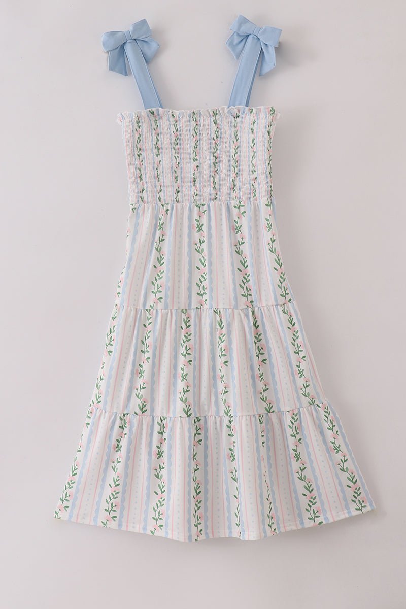 Blue Floral Smocked Dress with Bow Straps