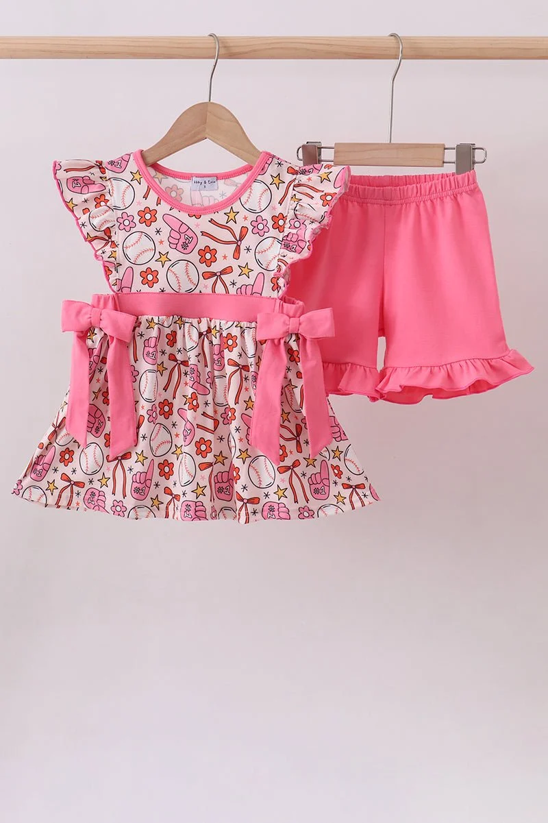 Pink Baseball Print Ruffle Shorts Set