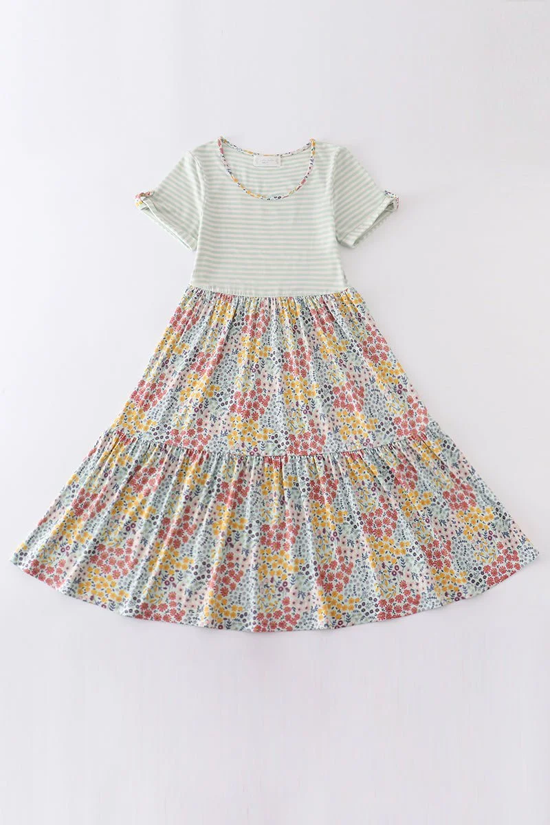 Platinum Floral Print Stripe Tiered Dress