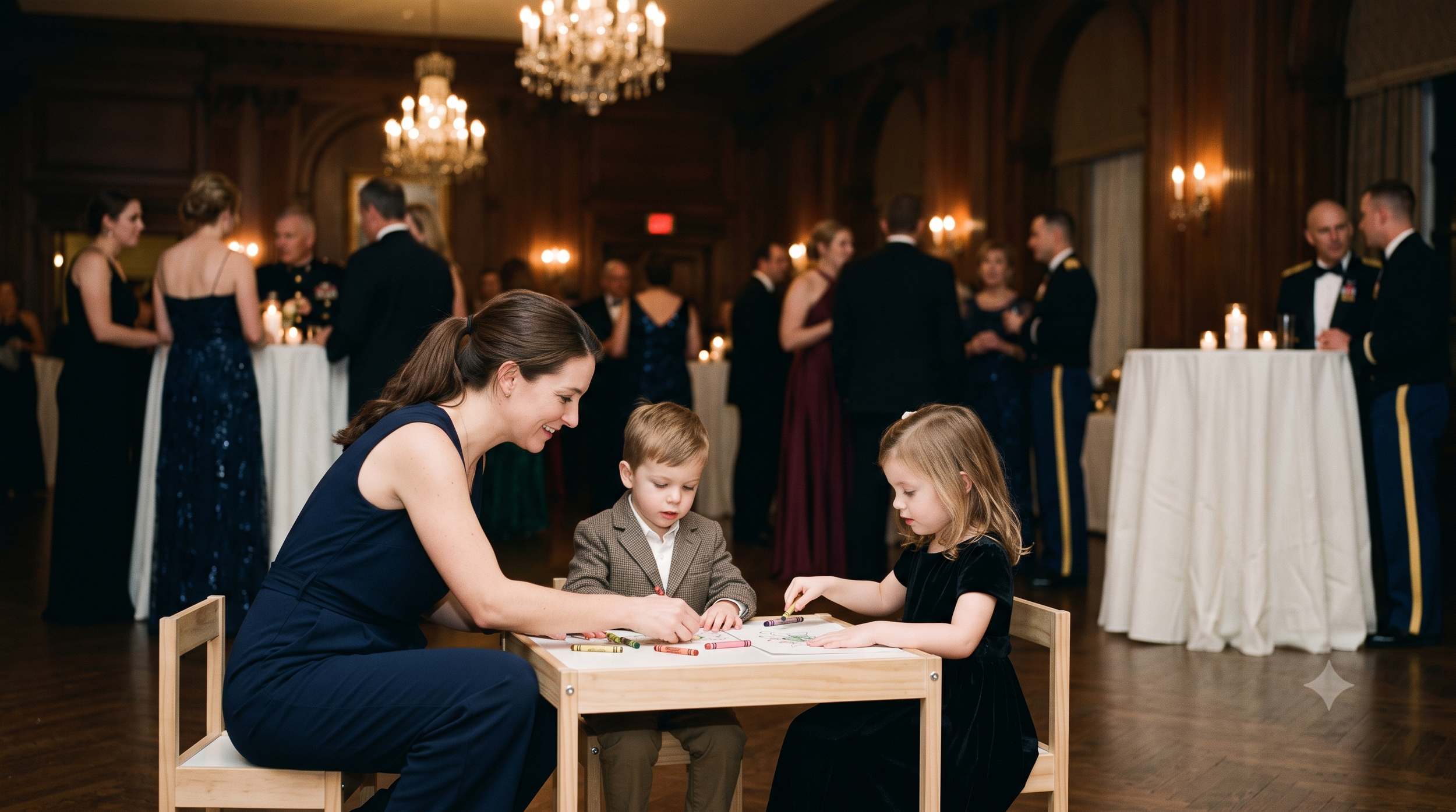 Sitter and children making crafts together at an event kids’ table