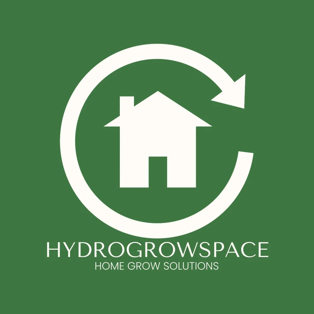 Green background with a white house icon inside a circular arrow. Below, white text reads "HydroGrowSpace" with smaller text underneath saying "Home Grow Solutions."