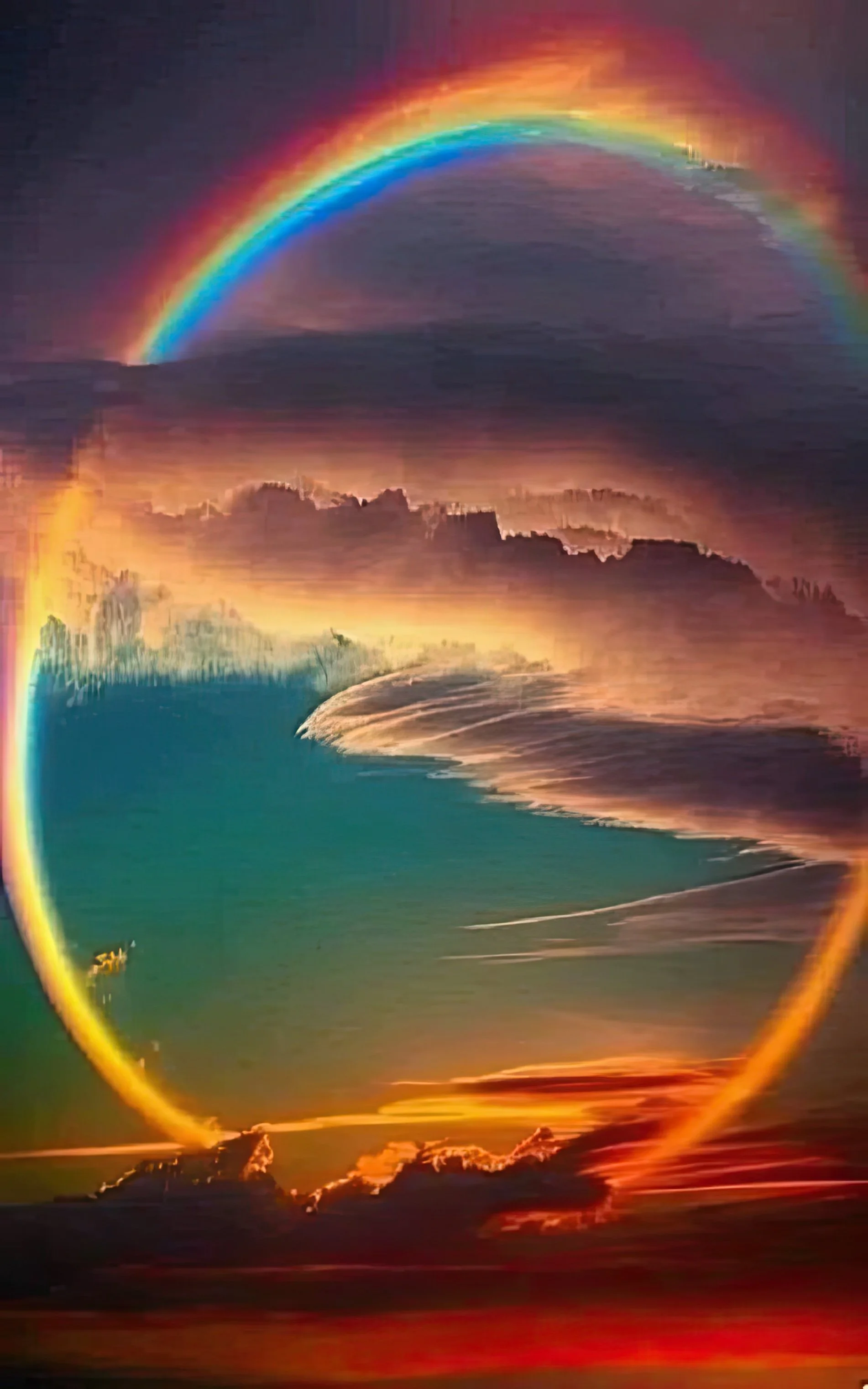 A vibrant digital art piece featuring a sunset over the ocean with a rainbow and a heart-shaped border.