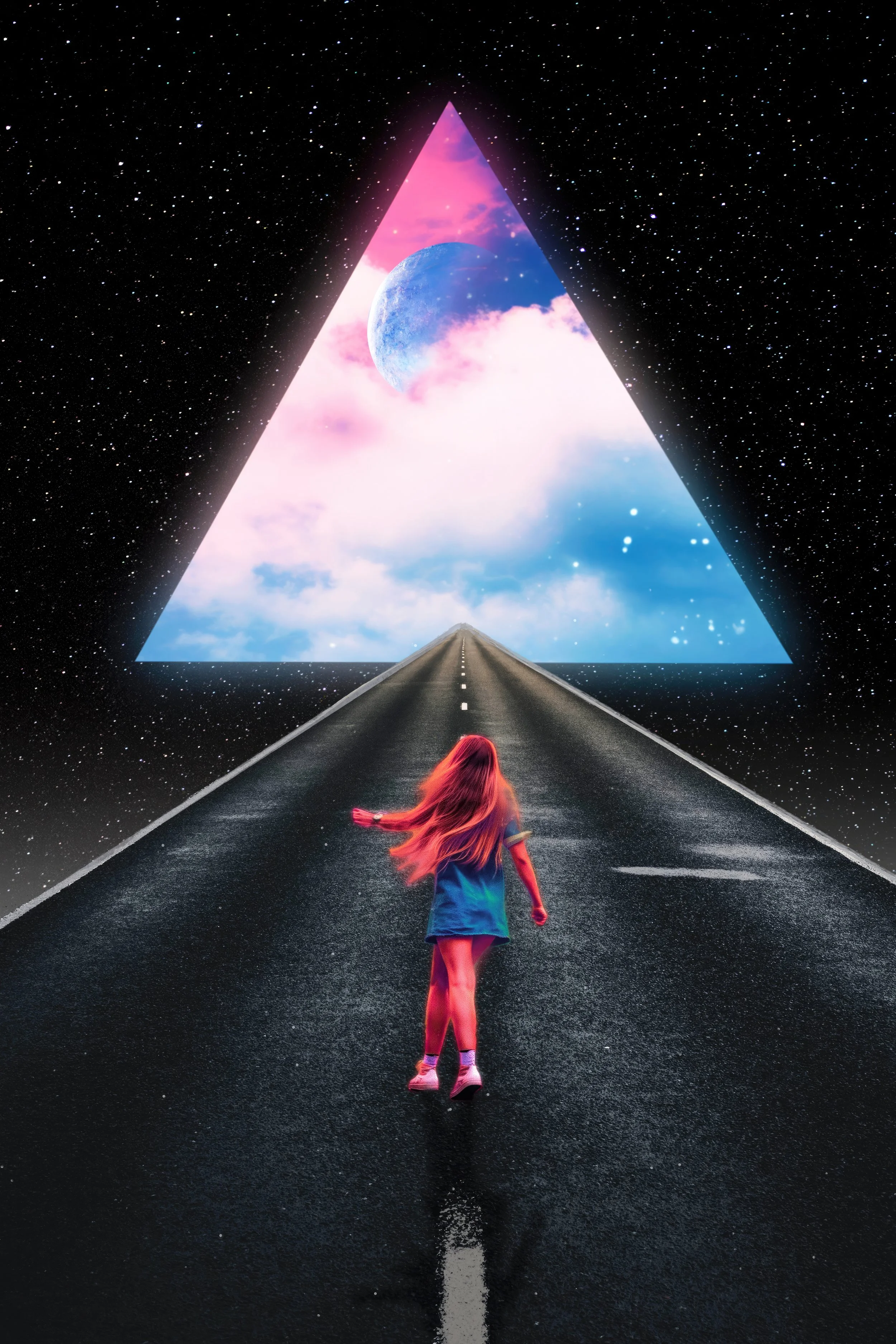 A girl with long red hair walking toward a surreal, starry sky with a large triangle displaying clouds, sky, and a moon in space.