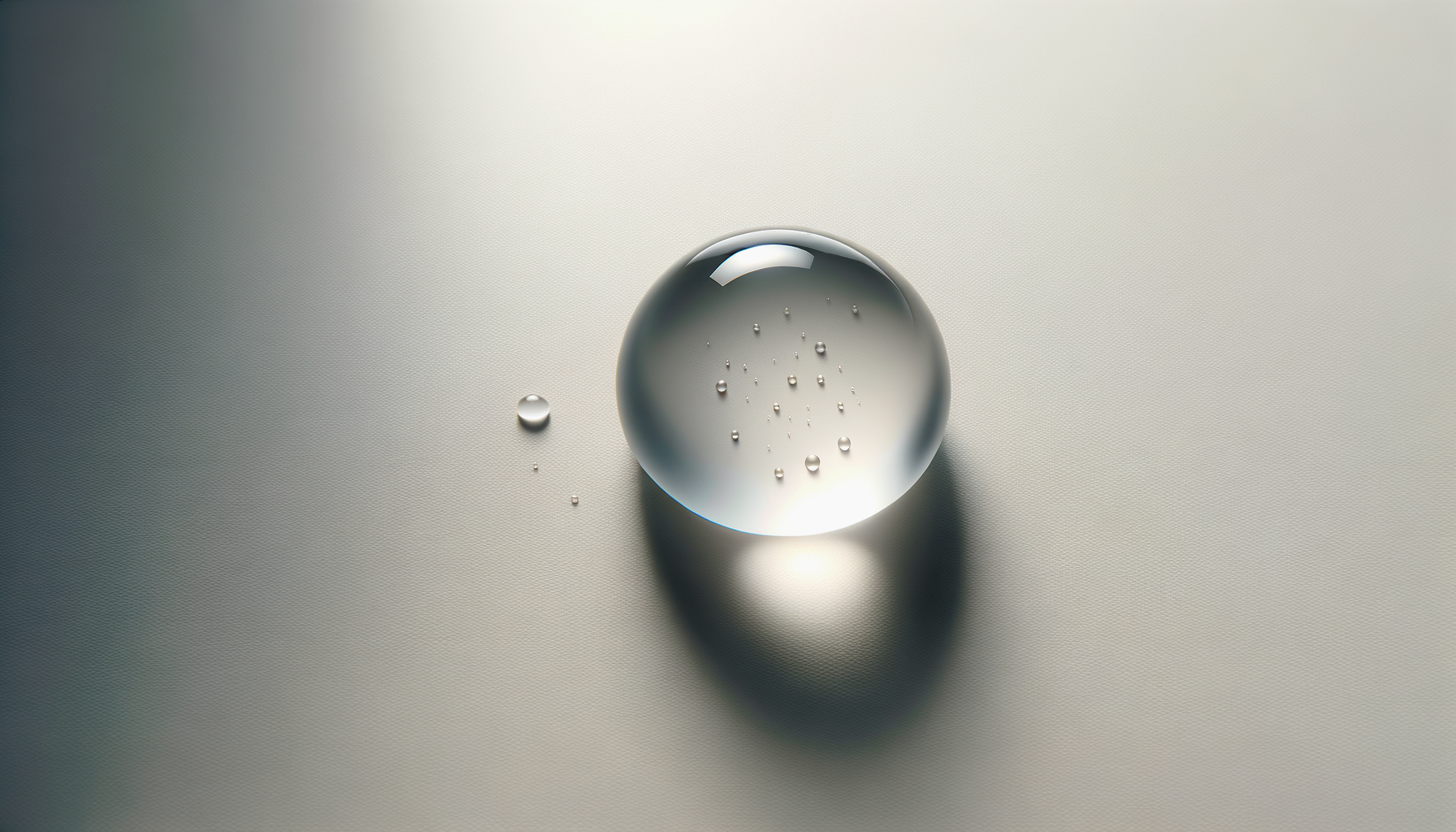 A glass marble with small bubbles inside, casting a shadow on a light textured surface.