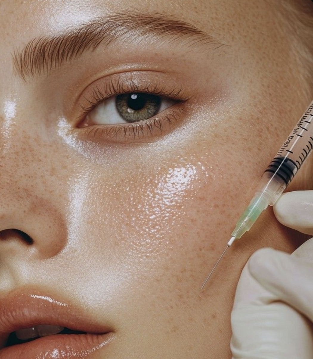 Close-up of a person receiving a cosmetic injection on their cheek from a medical professional wearing white gloves, with visible pores and smooth skin.