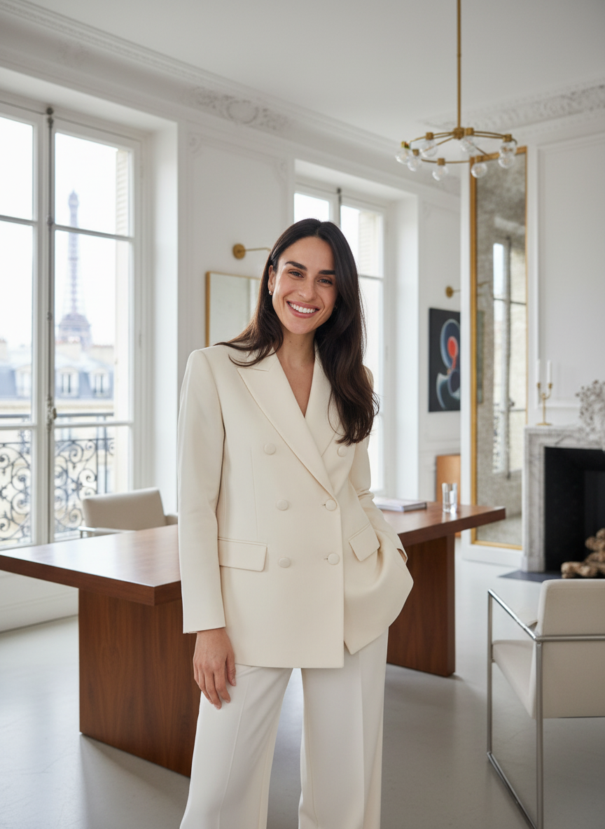 A woman with long dark hair in a white suit standing in a bright, elegant office with large windows, a wooden desk, a modern chandelier, and artwork on the walls.