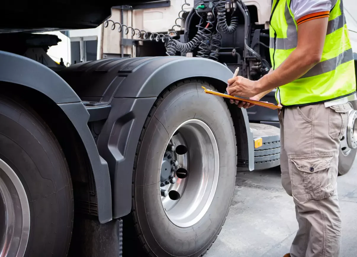 A person in a safety vest taking notes or inspecting a large truck tire.