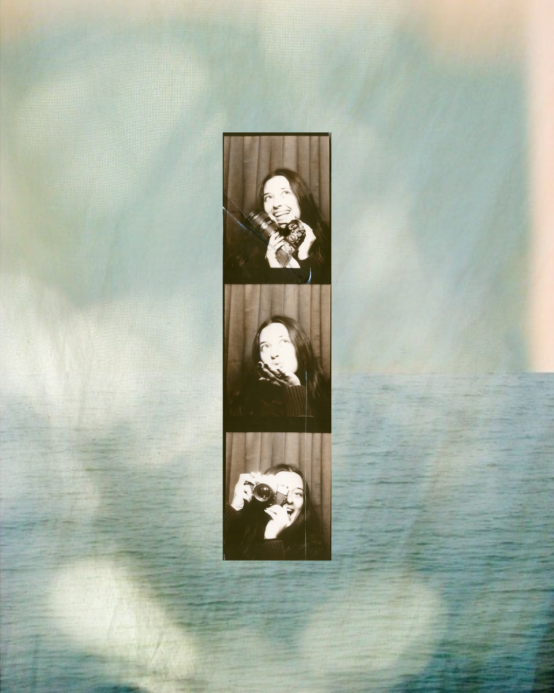 A vertical strip of three black-and-white photos of a woman holding a camera, with a colorful background of water and sky.