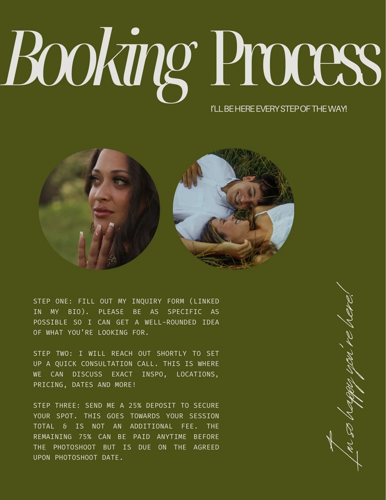 A green flyer advertising a booking process with two circular photos: one of a woman with long dark hair and manicured nails looking to the side, and another of a couple lying in grass, smiling and looking at each other. The flyer contains steps for booking, including filling out an inquiry form, setting up a consultation call, and sending a deposit, with handwritten-style text on the right.