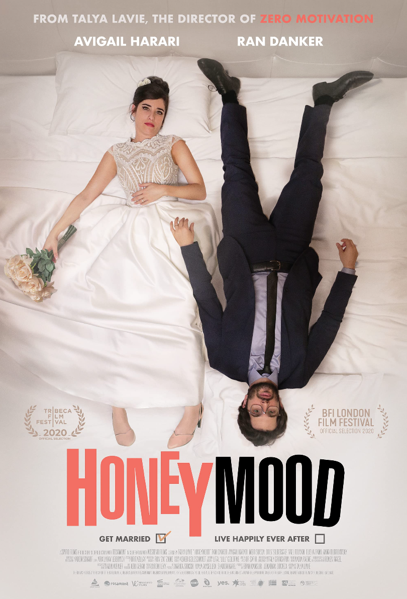Movie poster for 'Honey Moon' featuring a woman in a wedding dress holding a bouquet of flowers, lying on a bed next to a man in a suit with glasses, both lying upside down. Text on the poster includes the names Avigail Harari and Ran Danker, mentions of the Tribeca and BFI London Film Festivals, and options for marriage or happy ending.