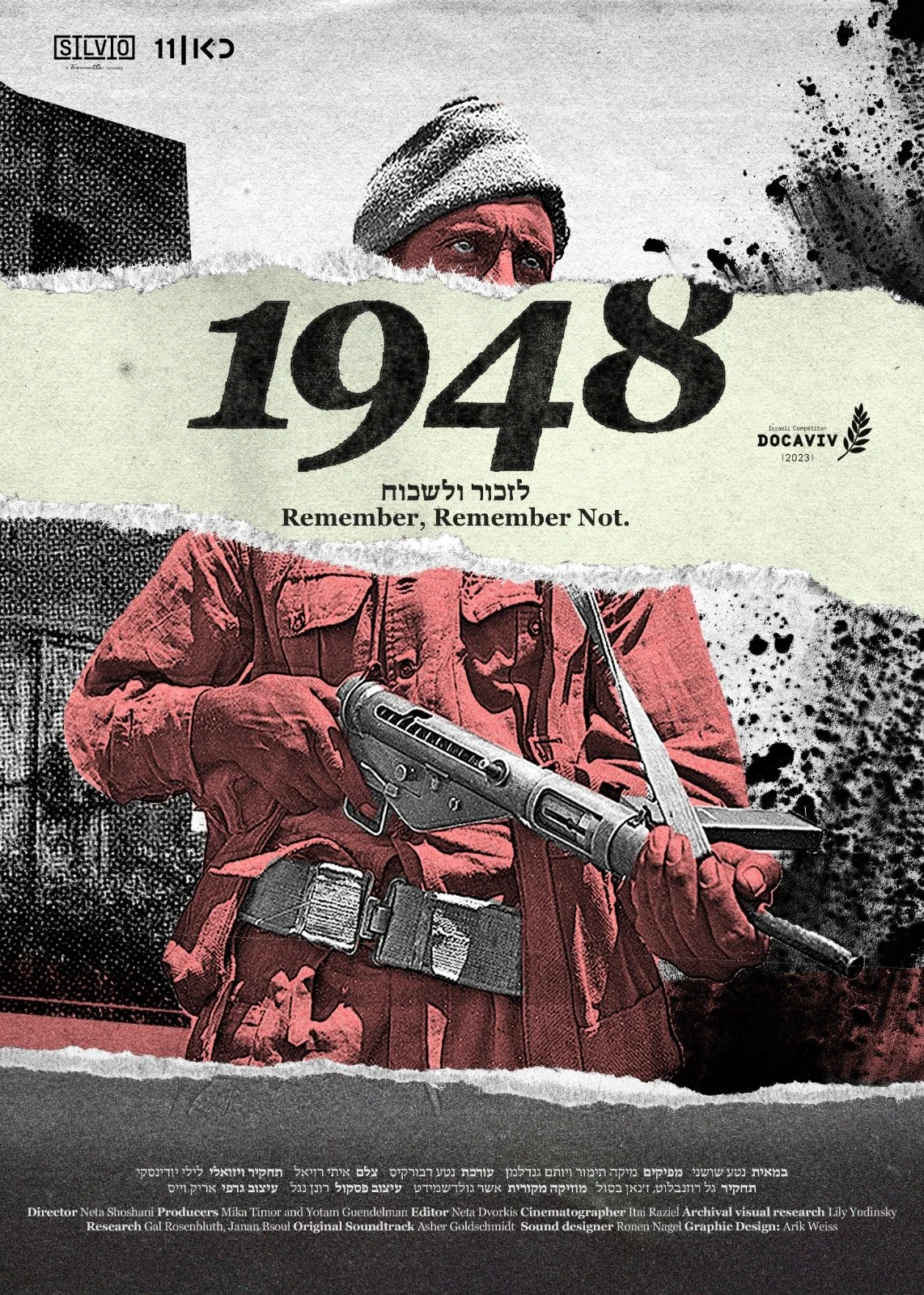 Torn poster with a person in a beanie holding a rifle, with the date 1948 and the phrases "Remember, Remember Not" and Hebrew text.