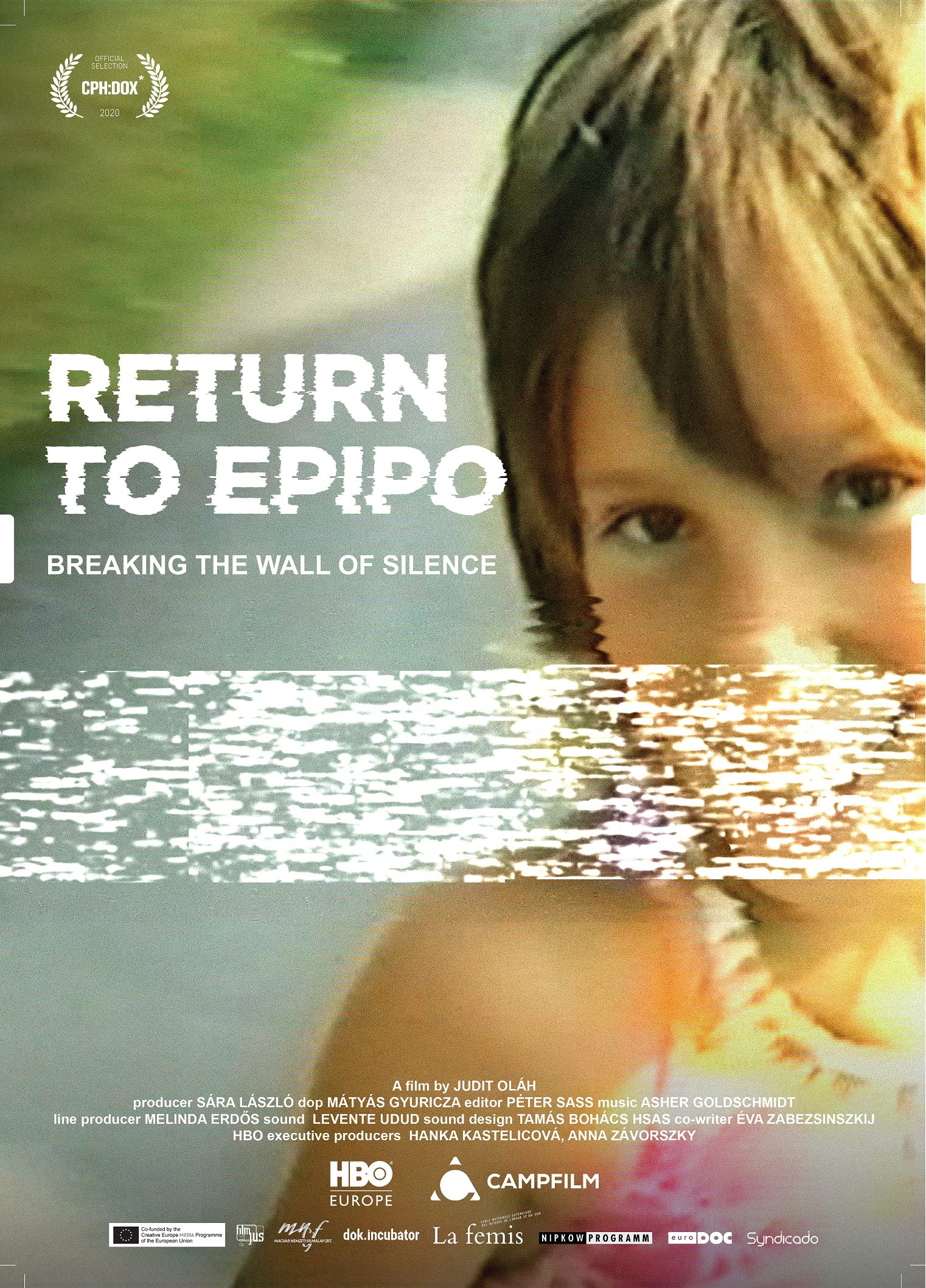 Poster for the film 'Return to Epipo' featuring a child with partially submerged face in water, and reflected water surface, with film details and logos at the bottom.