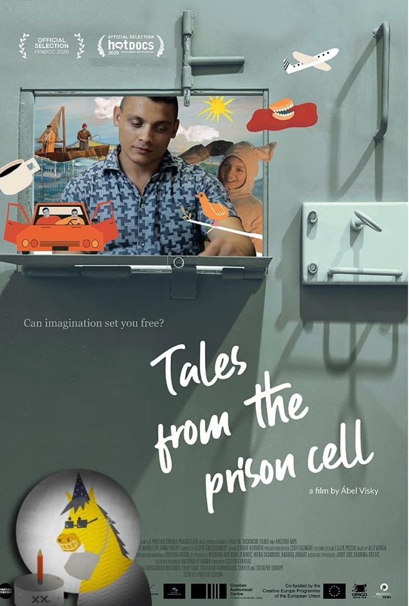 Movie poster for 'Tales from the Prison Cell' featuring a boy looking out of a prison cell window with colorful illustrations of a boat, sun, airplane, and various other images.