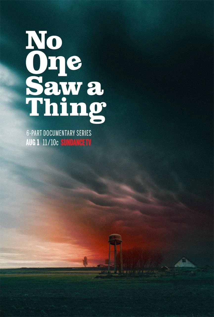 Promotional poster for the TV series "No One Saw a Thing" and an image of a water tower against a cloudy sky