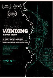Movie poster for 'Winding: A River Story' featuring a white outline of a river on a black background and a large fish illustration.