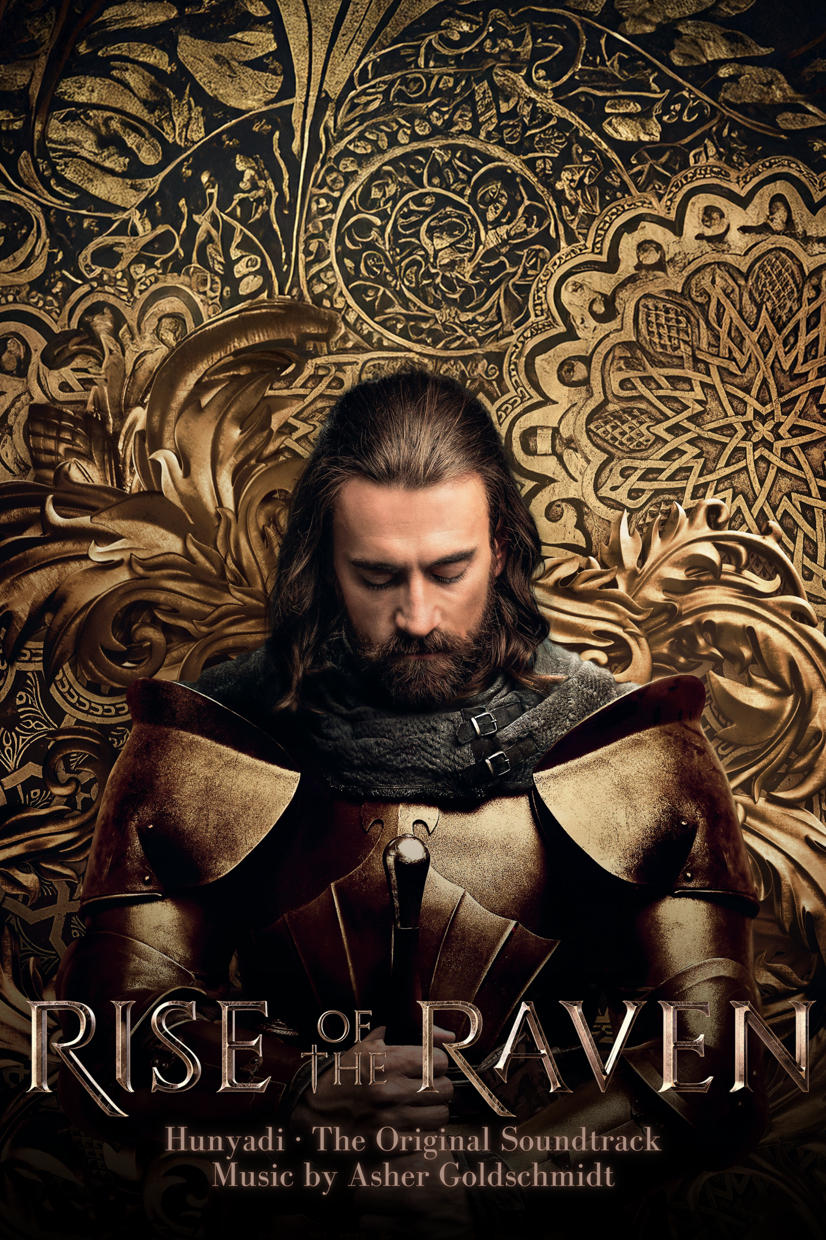 A man dressed as a medieval knight with brown armor and a sword, standing in front of a gold ornate background, with the title "Rise of the Raven" at the bottom.